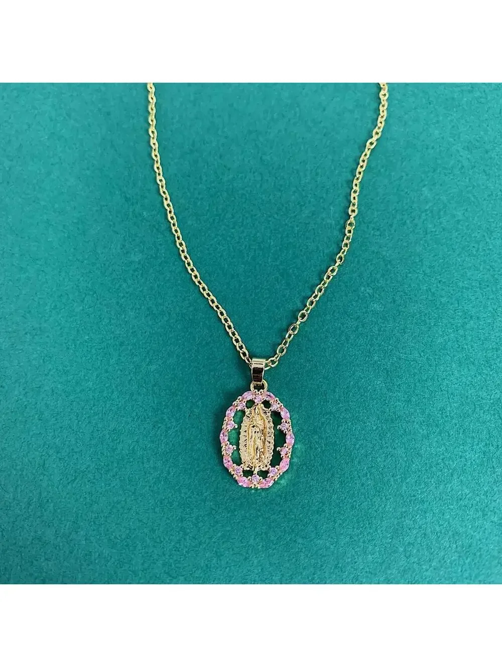 Y2k style gold Saint Marry Pink rhinestone pendant necklace. 19 inches length.